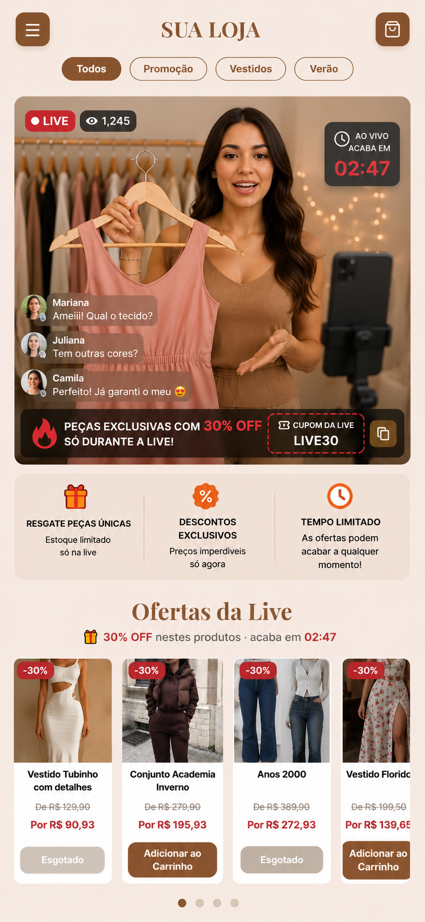 Loja nimoshop em modo live: transmissão ao vivo com produtos em oferta e cupom da live